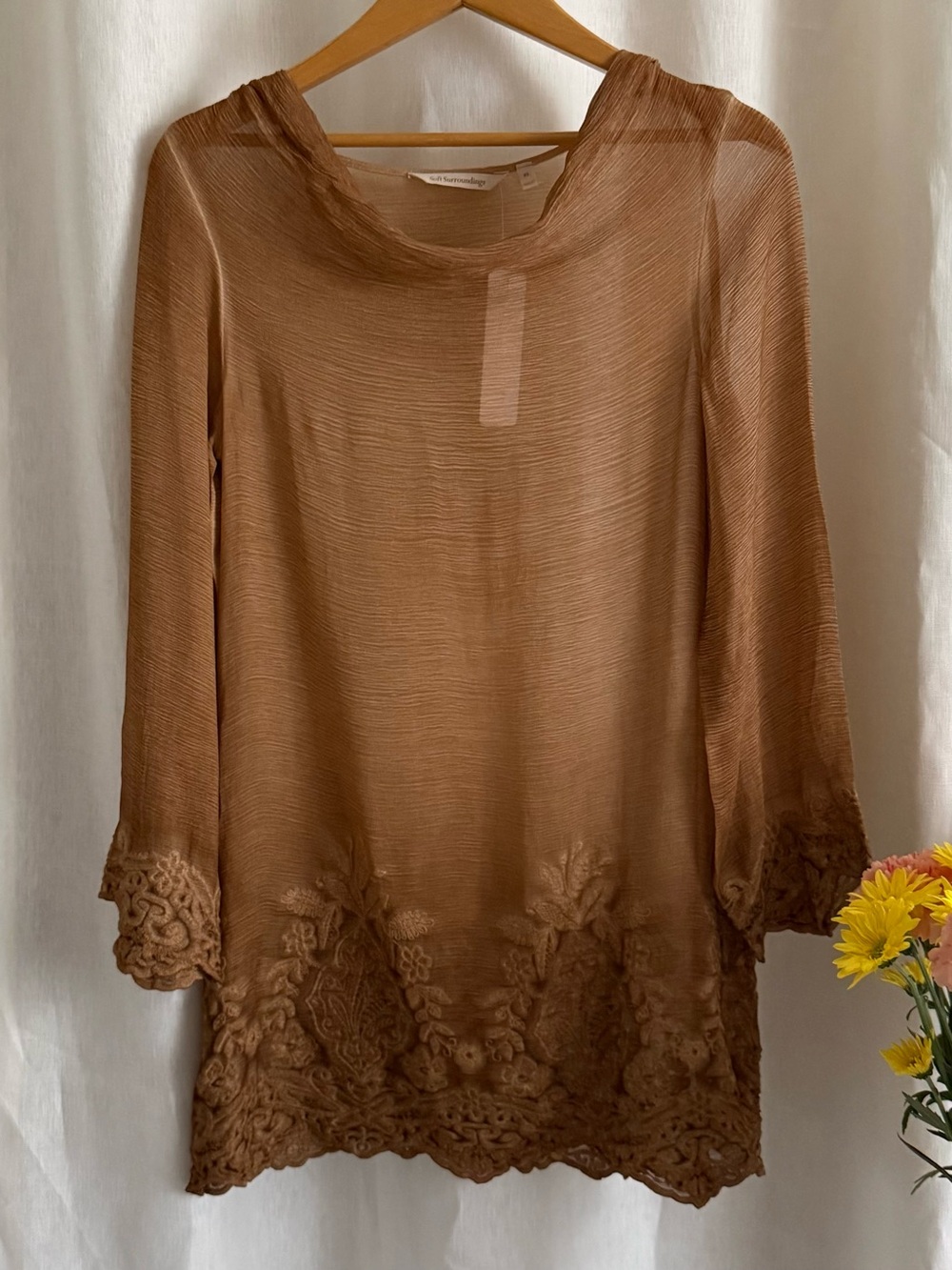 NWT Soft Surroundings Renee 100% Silk Cowl Tunic XS Tawny Brown Embroidered